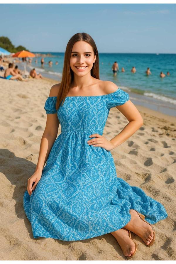 Ogonline Belden Oturtmalı Uzun Elbise Leopar Ve Çiçek Desenli Gipeli Elbise (Açık Omuz Kullanılabilir) - Image 1