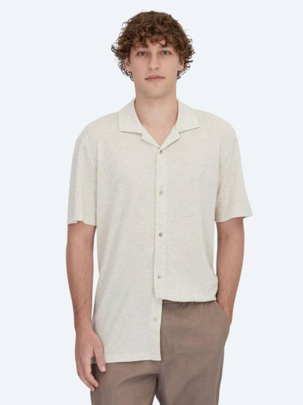 Bej Desenli Regular Fit Casual Keten Karışımlı Gömlek - Image 1