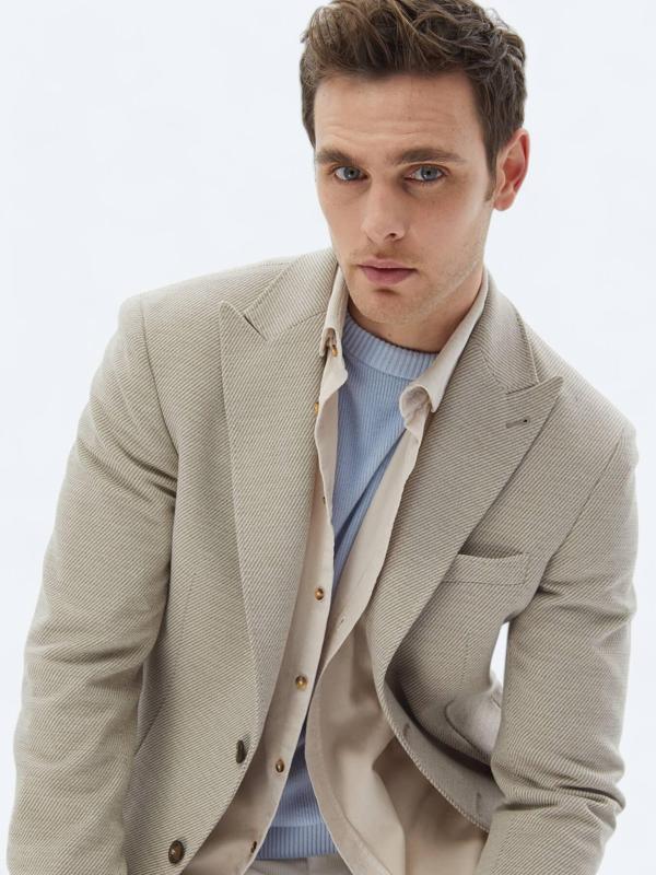 Bej Desenli Modern Fit Pamuk Karışımlı Örme Ceket - Image 1