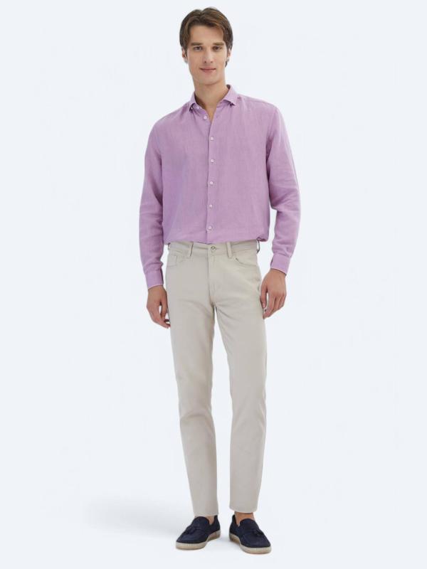 Bej Düz Dokuma Slim Fit Casual Pamuk Karışımlı Pantolon - Image 1