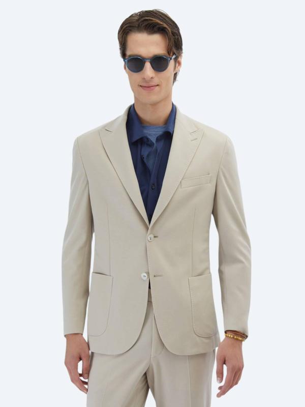 Bej Düz Modern Fit %100 Pamuk Örme Takım Elbise - Image 1