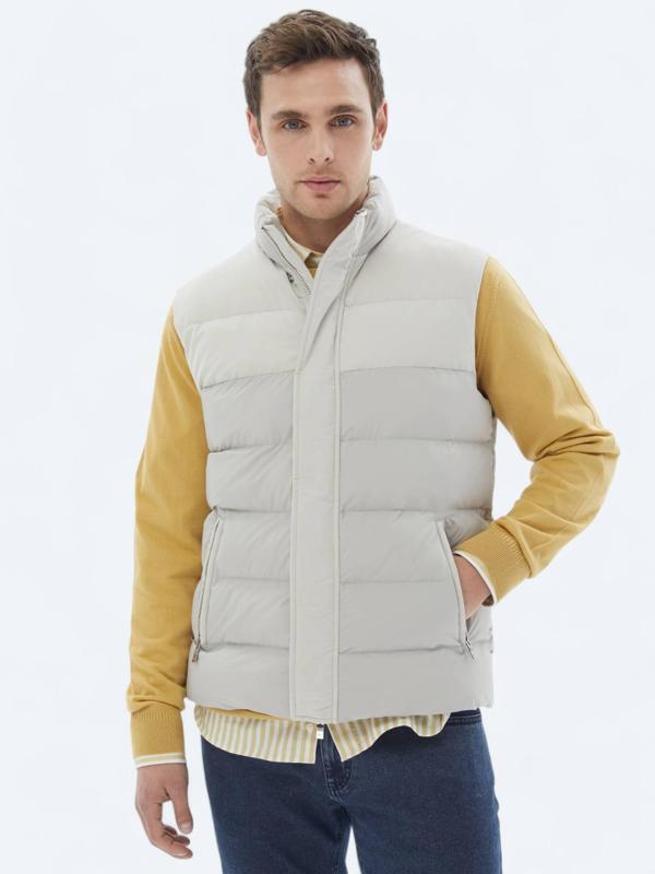 Bej Regular Fit Dik Yaka Casual Dokuma Spor Yelek - Image 1