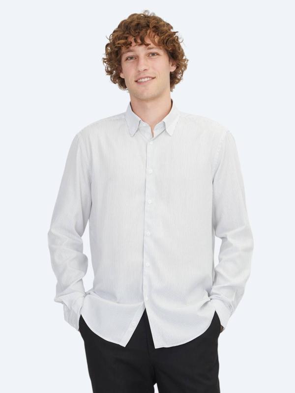 Beyaz Çizgili Regular Fit Dokuma Casual Gömlek - Image 1