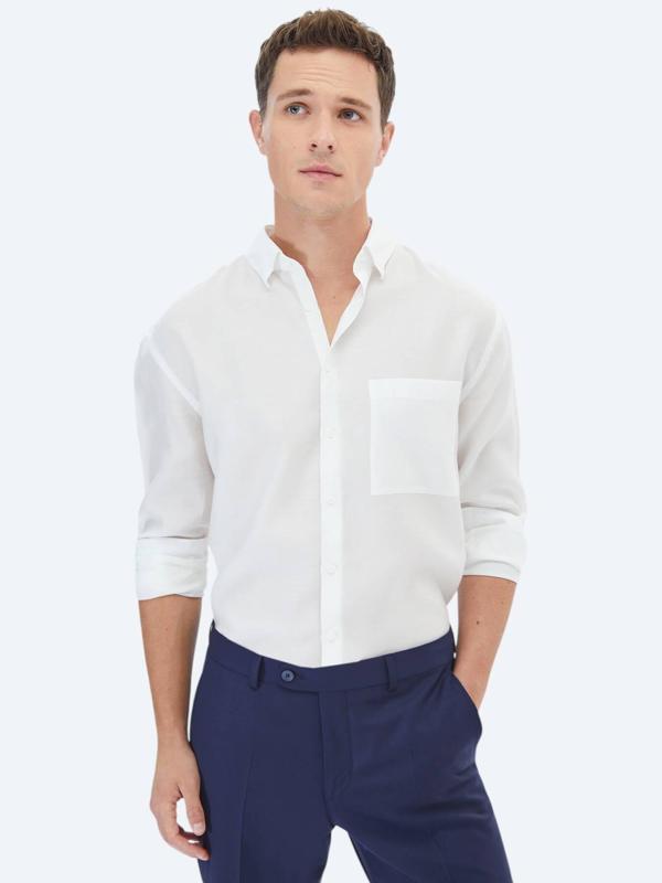 Beyaz Düz Oversize Fit Dokuma Casual Gömlek - Image 1