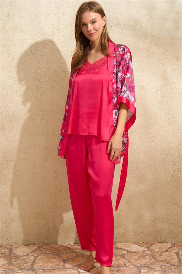 Saten Çiçek Baskılı Sabahlık Dantelli Atlet ve Pantolon Pijama 3'lü Takım - Image 1
