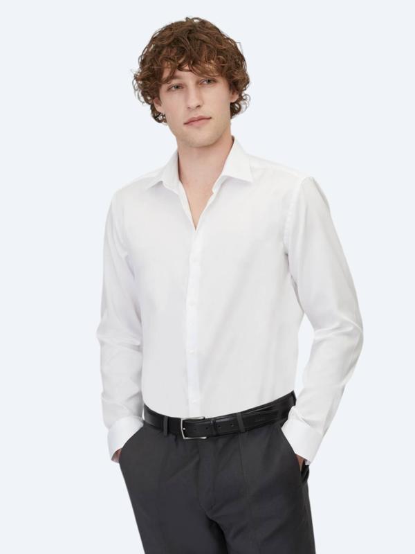 Beyaz Düz Slim Fit Dokuma Klasik %100 Pamuk Gömlek - Image 1