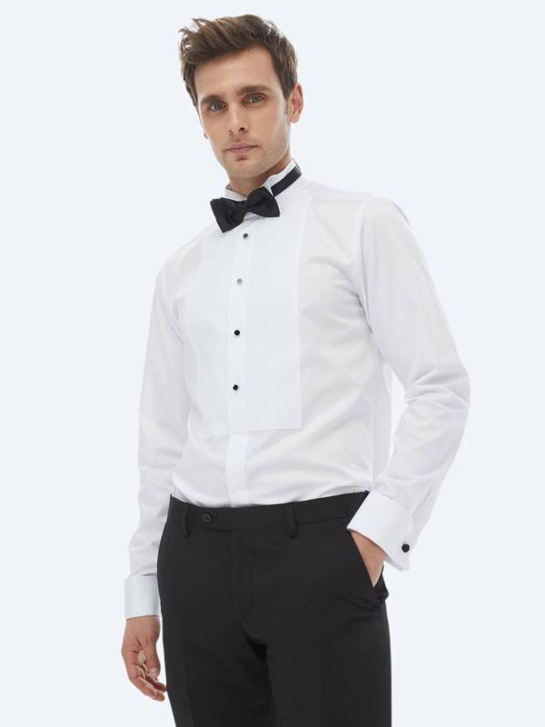 Beyaz Düz Slim Fit Duble Manşet Ata Yaka Smokin Gömlek - Image 1