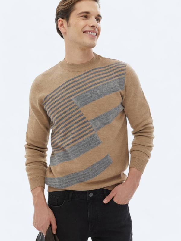 Deve Tüyü Bisiklet Yaka Desenli Yün Karışımlı Triko Kazak - Image 1