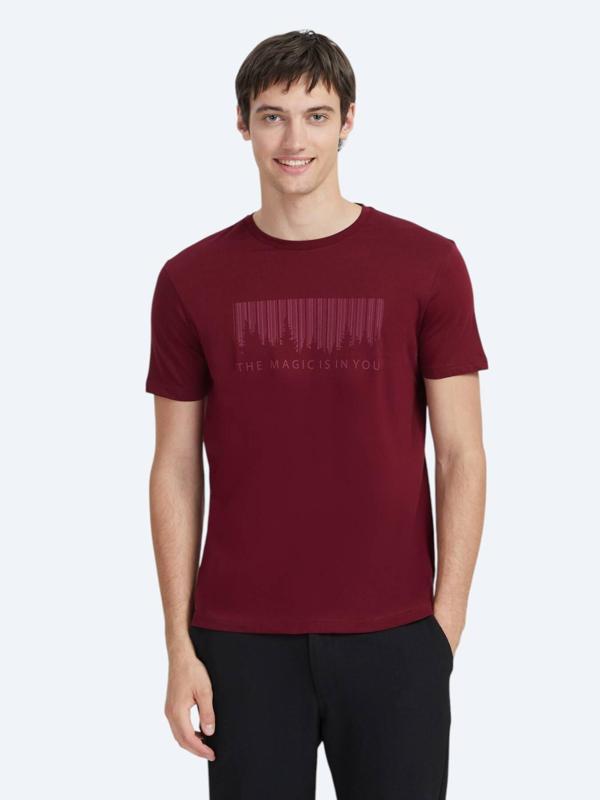 Bordo Baskılı Bisiklet Yaka %100 Pamuk T-Shirt - Image 1