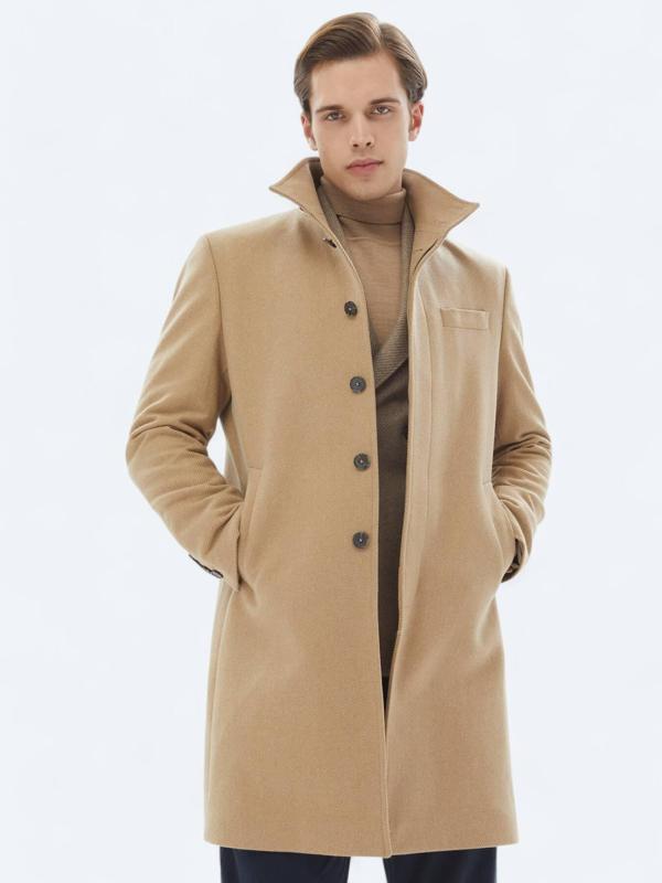 Deve Tüyü Regular Fit Dik Yaka Klasik Dokuma Palto - Image 1