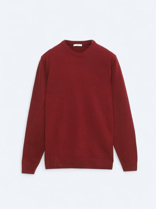 Bordo Bisiklet Yaka Düz Örgü Triko Kazak - Image 1