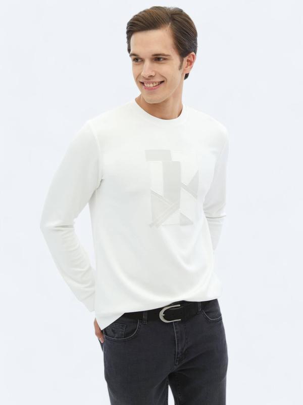 Ekru Bisiklet Yaka Baskılı Sweatshırt - Image 1