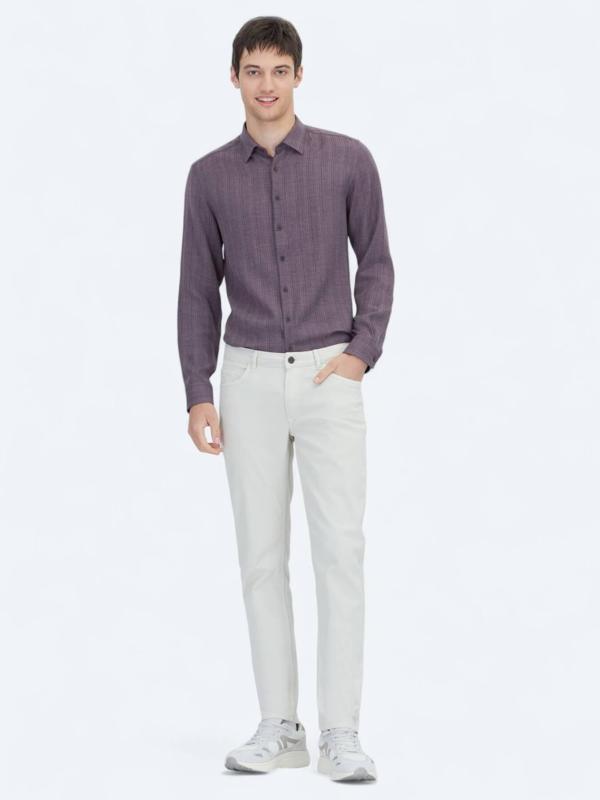 Ekru Düz Dokuma Slim Fit Casual Pamuk Karışımlı Pantolon - Image 1