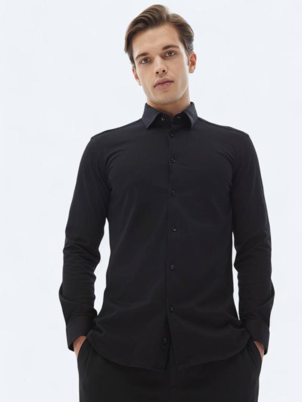 Siyah Düz Regular Fit Dokuma Casual %100 Pamuk Gömlek - Image 1
