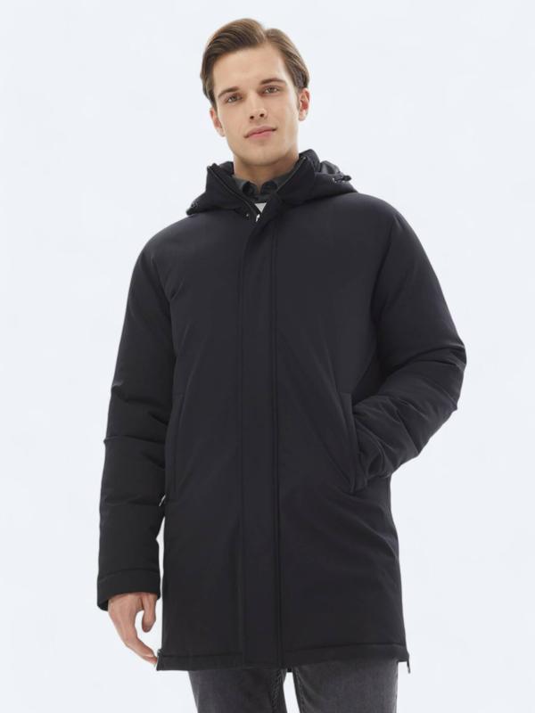 Siyah Comfort Fit Kapüşonlu Casual Dokuma Kaban - Image 1