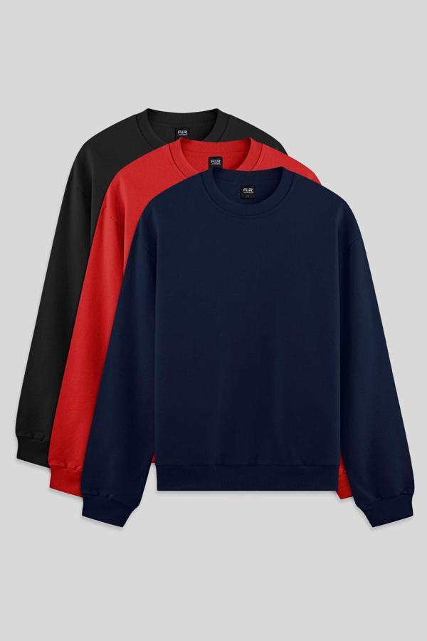 Standart Fit Basic O Yaka 3lü Paket Siyah-İndigo-Fiesta Erkek Sweatshirt - 88363 - Image 1