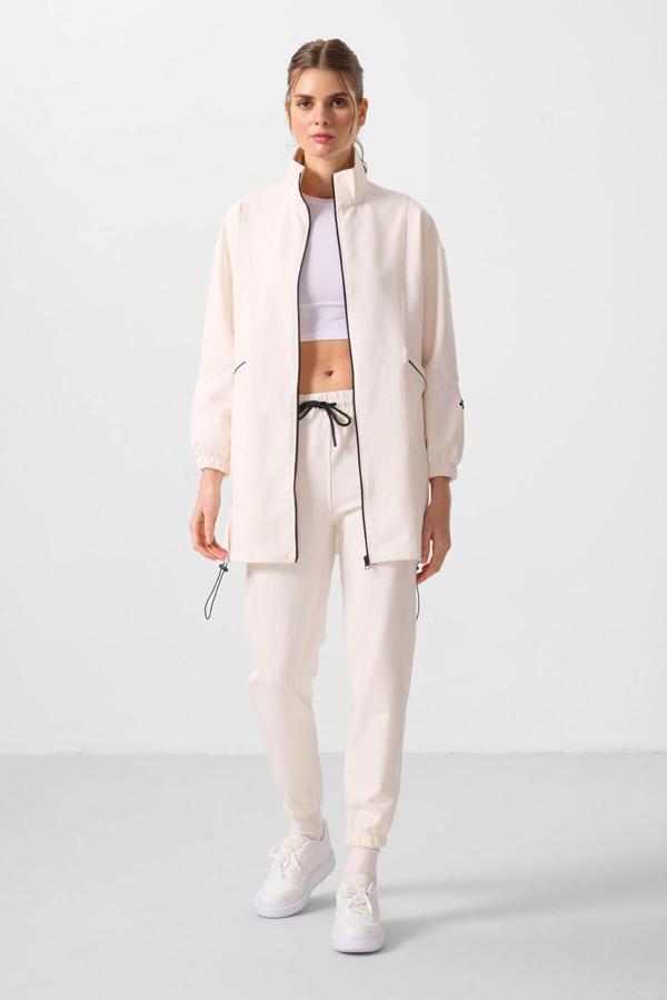 Ekru Dik Yaka Fermuarlı Rahat Form Kadın Eşofman Tunik Takım - 95345 - Image 1