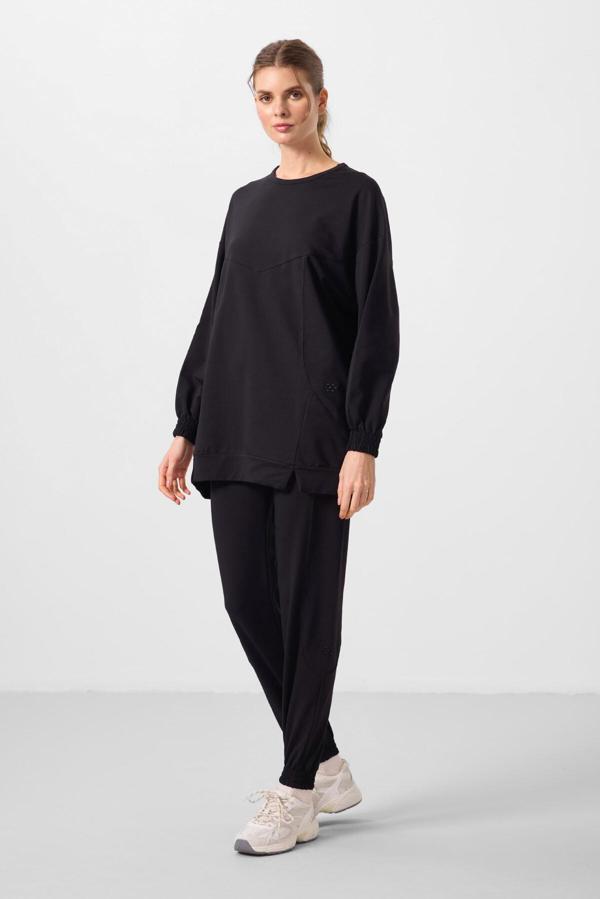 Siyah O Yaka Basic Oversize Kadın Eşofman Tunik Takım - 95347 - Image 1