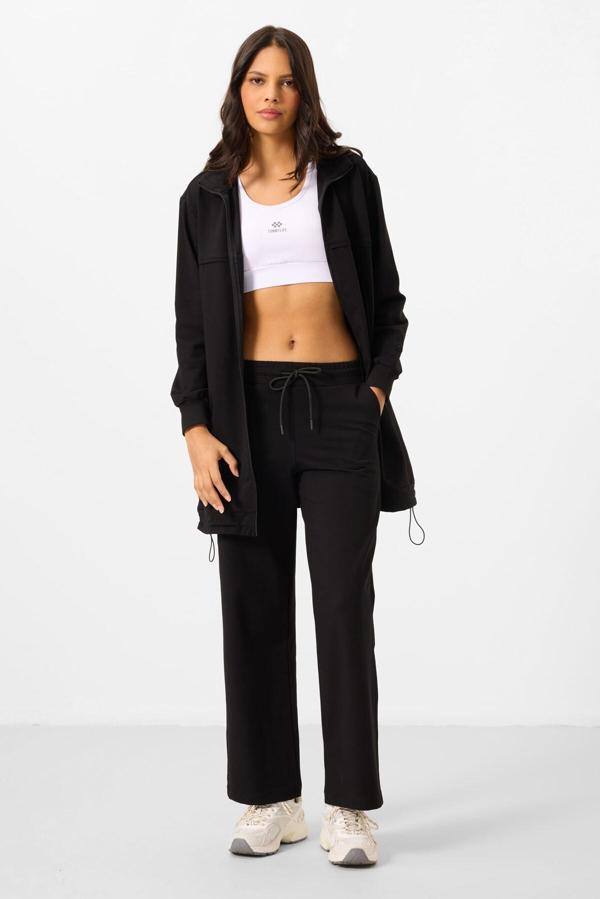 Siyah Dik Yaka Fermuarlı Pamuklu Kadın Eşofman Tunik Takım - 95346 - Image 1