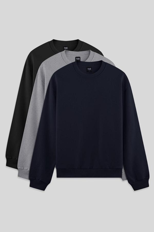 Standart Fit Basic O Yaka 3lü Paket Siyah-Lacivert-Gri Melanj Erkek Sweatshirt - 88363 - Image 1