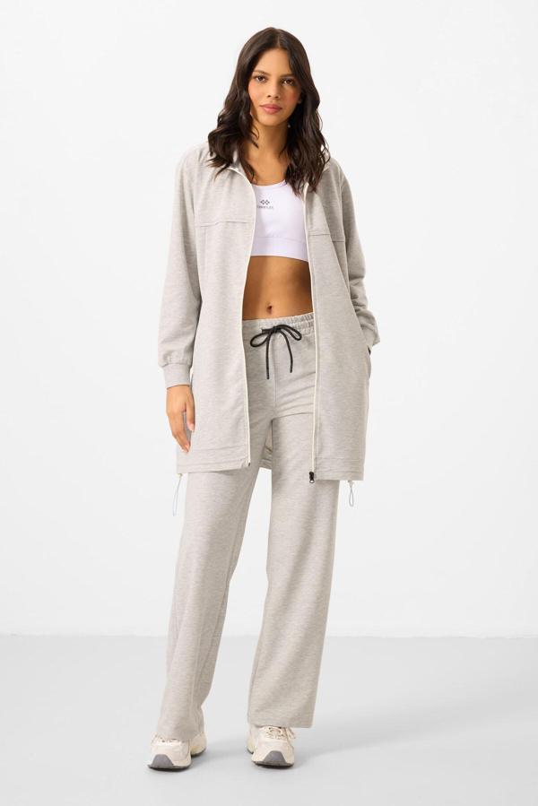 Gri Melanj Dik Yaka Fermuarlı Pamuklu Kadın Eşofman Tunik Takım - 95346 - Image 1