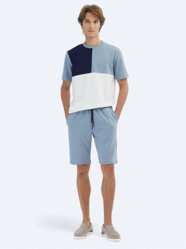 Mavi Düz Örme Jogging Fit Spor Bermuda - Image 1