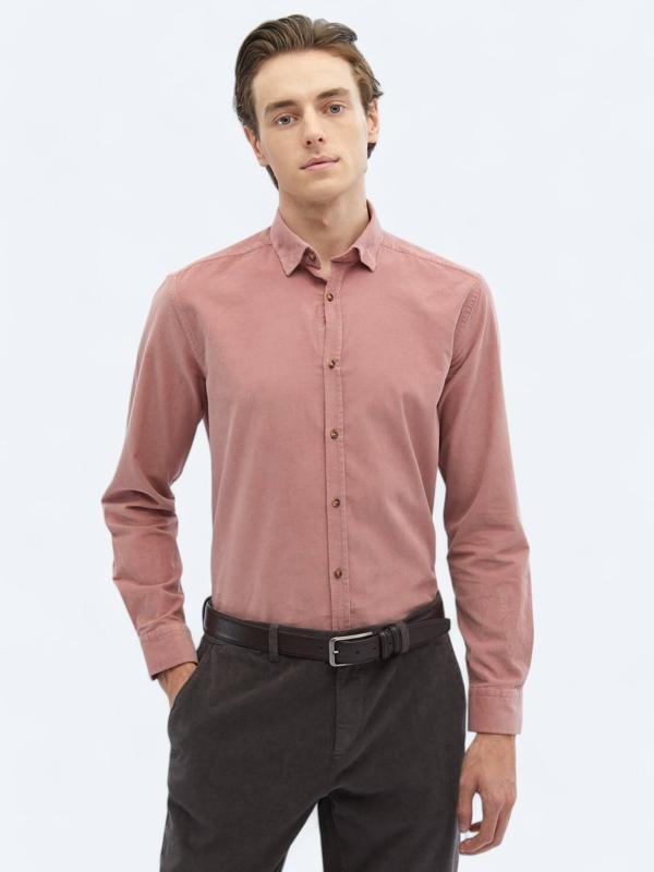 Pembe Fitilli Regular Fit Dokuma Kadife Casual %100 Pamuk Gömlek - Image 1