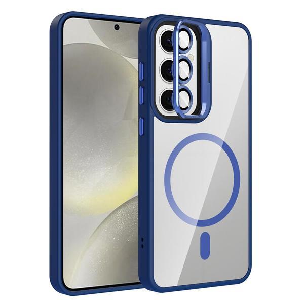 Galaxy S24 FE Kılıf Standlı ve Kamera Lens Hediyeli M-Safe Şarj Özellikli KHYR Etro Kapak - Lacivert - Image 1