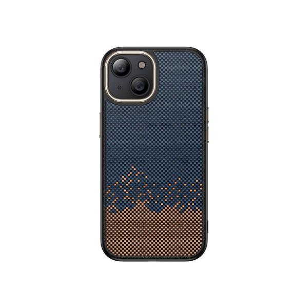 iPhone 14 Kılıf M-safe Şarj Özellikli Karbon Fiber Görünümlü KHYR Antina Kapak - Mavi - Image 1