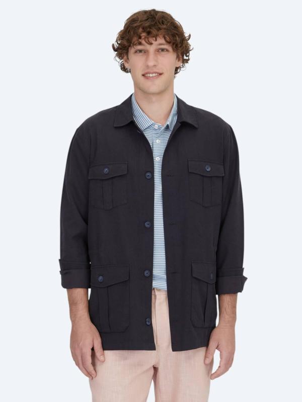 Lacivert Oversize Fit Dokuma Pamuk Karışımlı Overshırt - Image 1