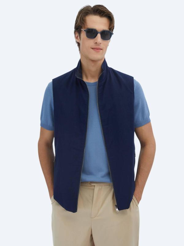 Lacivert Regular Fit Dik Yaka Casual Dokuma Spor Yelek - Image 1