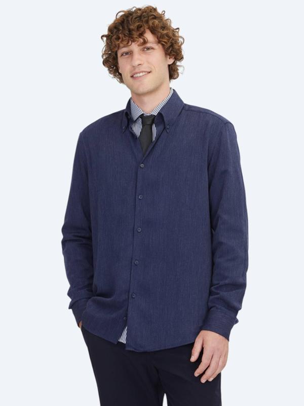 Lacivert Regular Fit Dokuma Casual Gömlek - Image 1