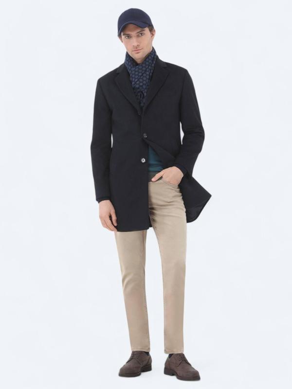 Lacivert Regular Fit Kelebek Yaka Klasik Dokuma Palto - Image 1