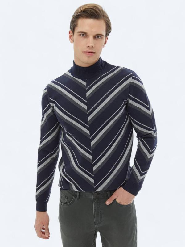 Lacivert Yarım Balıkçı Yaka Desenli Pamuk Karışımlı Triko Kazak - Image 1