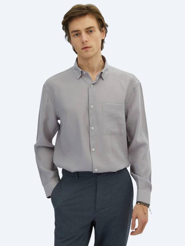 Lila Düz Oversize Fit Dokuma Casual Gömlek - Image 1