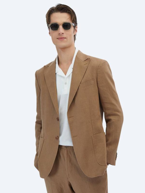 Kahverengi Düz Modern Fit %100 Keten Takım Elbise - Image 1