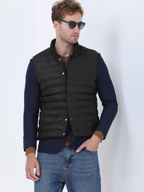 Kahverengi Regular Fit Dik Yaka Casual Dokuma Spor Yelek - Image 1