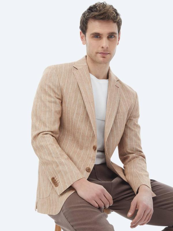 Kiremit Çizgili Modern Fit Pamuk Karışımlı Ceket - Image 1