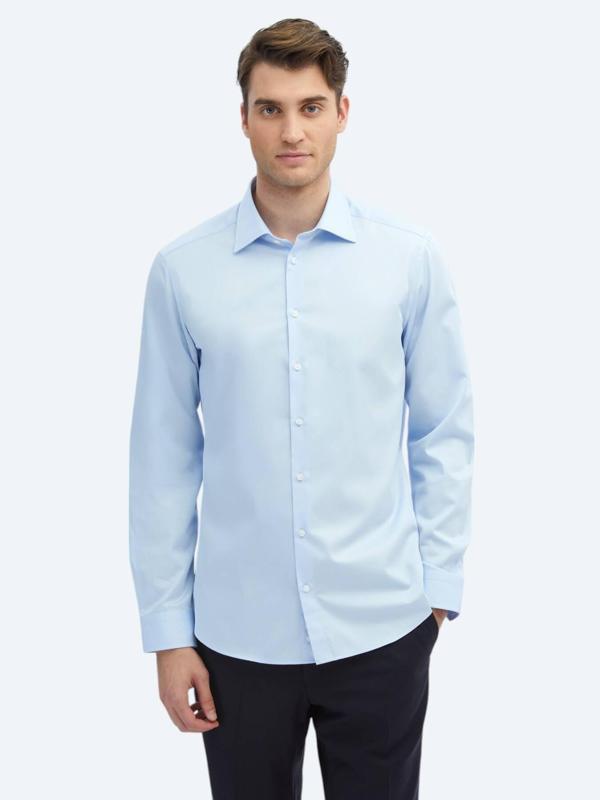 Koyu Mavi Düz Slim Fit Dokuma Klasik %100 Pamuk Gömlek - Image 1