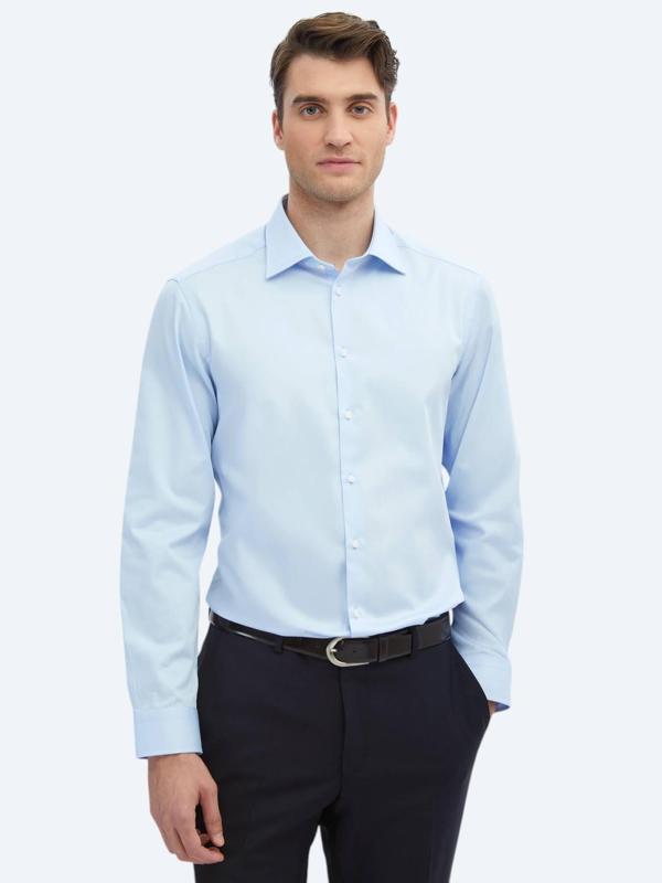 Koyu Mavi Düz Slim Fit Dokuma Klasik %100 Pamuk Gömlek - Image 1