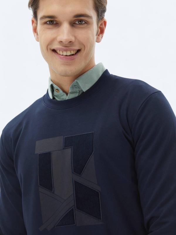 Lacivert Bisiklet Yaka Baskılı Sweatshırt - Image 1