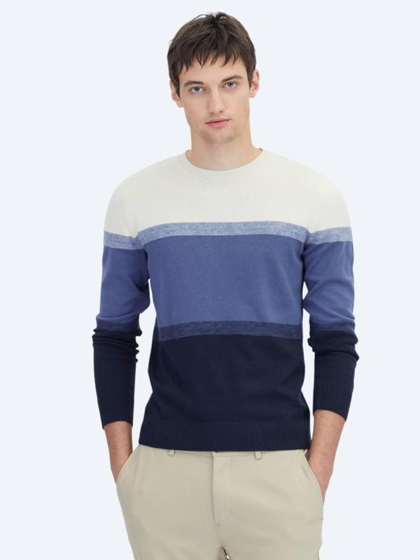 Lacivert Bisiklet Yaka Jakarlı Pamuk Karışımlı Triko Kazak - Image 1