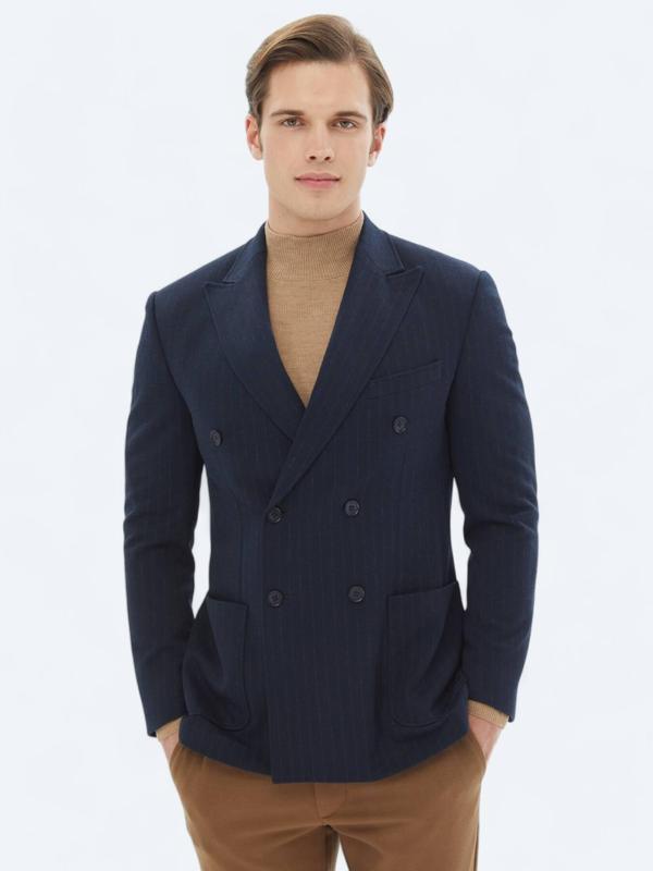 Lacivert Çizgili Modern Fit Örme Ceket - Image 1