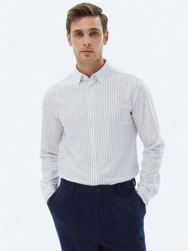 Lacivert Çizgili Regular Fit Casual Pamuk Karışımlı Gömlek - Image 1