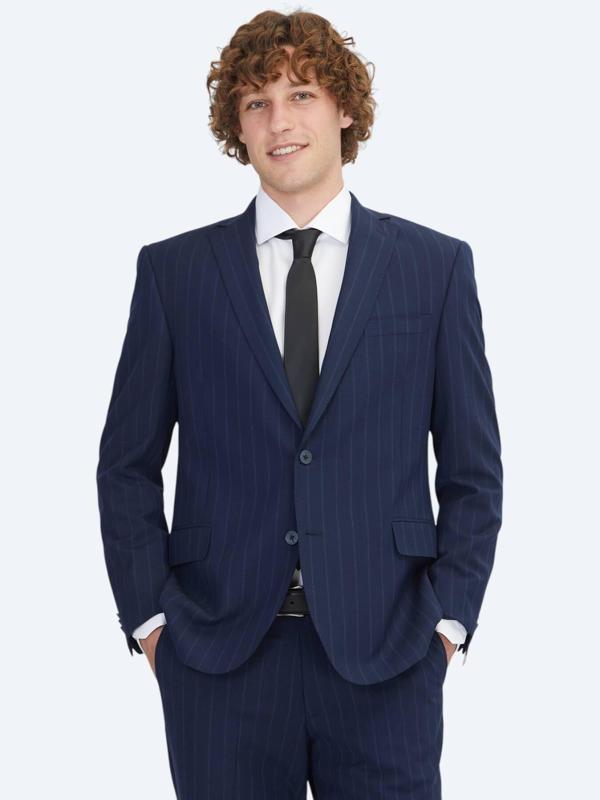Lacivert Çizgili Regular Fit Yün Karışımlı Takım Elbise - Image 1