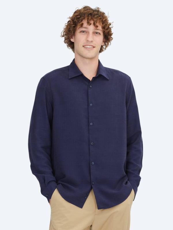 Lacivert Çizgili Regular Fit Dokuma Casual Gömlek - Image 1