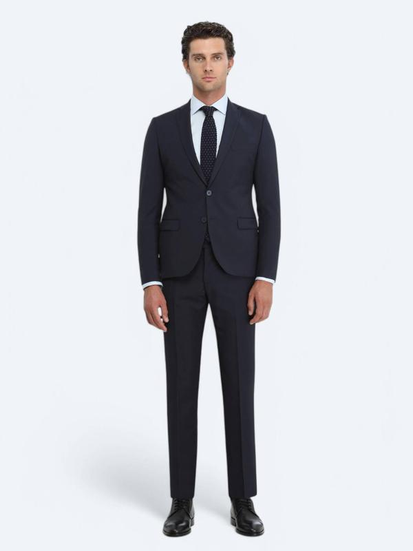 Lacivert Düz Slim Fit Yün Karışımlı Takım Elbise - Image 1