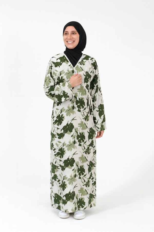 Yaprak Desenli Kruvaze Namaz Elbisesi – %100 Viskon, Yandan Bağlamalı 36-46 Beden - Image 1