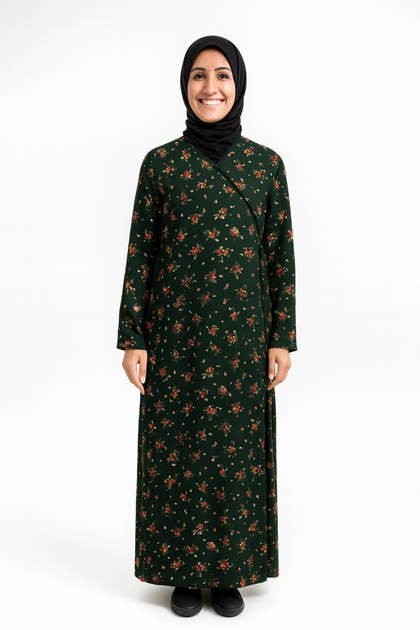 Çiçek Desenli Kruvaze Namaz Elbisesi – %100 Viskon, Yandan Bağlamalı 36-46 Beden - Image 1