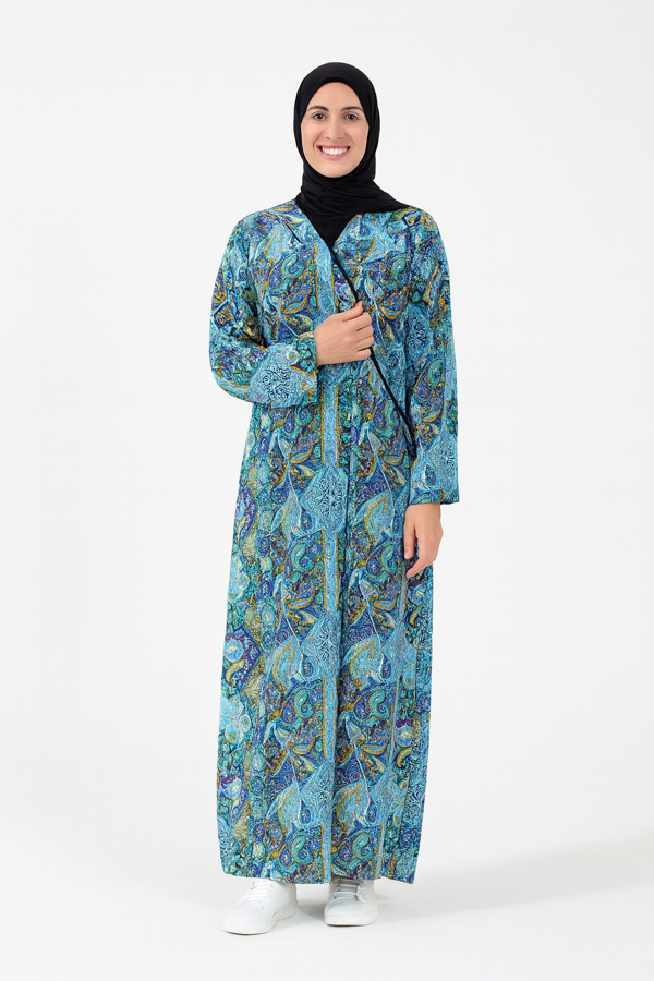 Etnik Desenli Kruvaze Namaz Elbisesi – %100 Viskon, Yandan Bağlamalı 36-46 Beden - Image 1